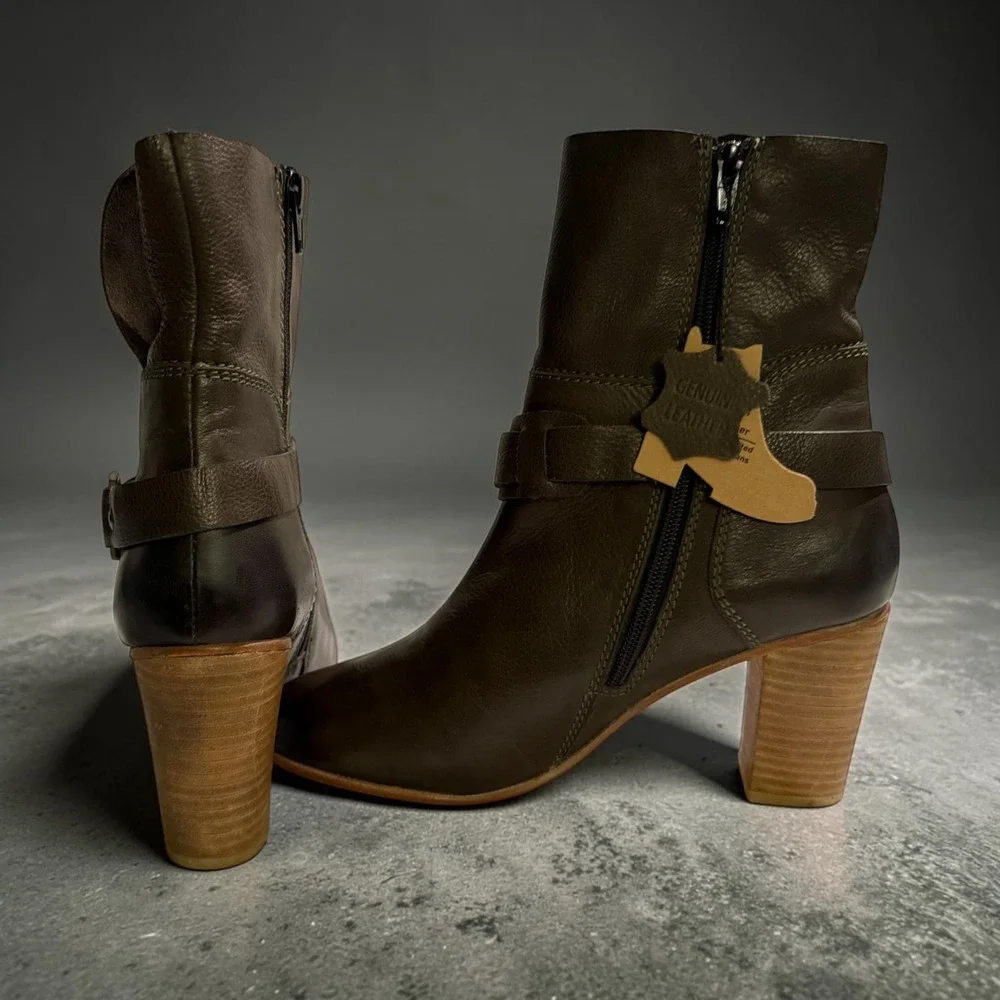 Oobash Women Olive Green Leather Harness Ankle Boots Handcrafted Block Heel 9